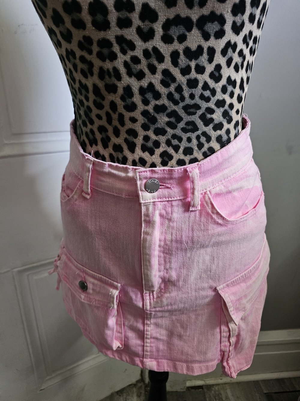 Daisy Pink Denim Mini Skirt with Cargo Details
